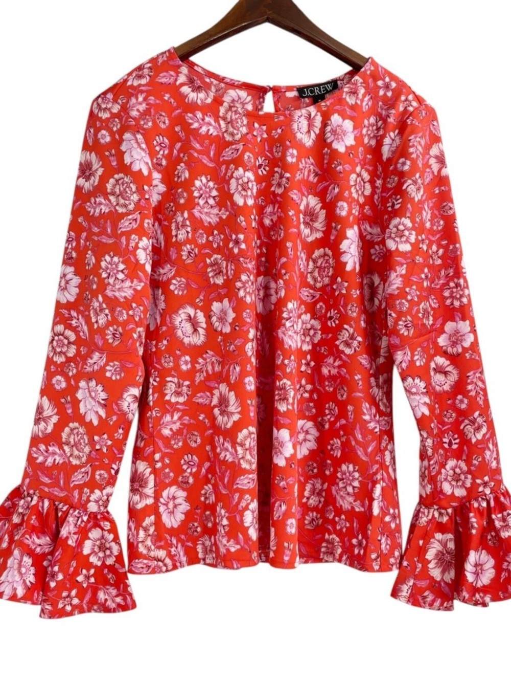 J. Crew Lovely Like New! Red Floral Long-Sleeve Ruffle Cuff Top